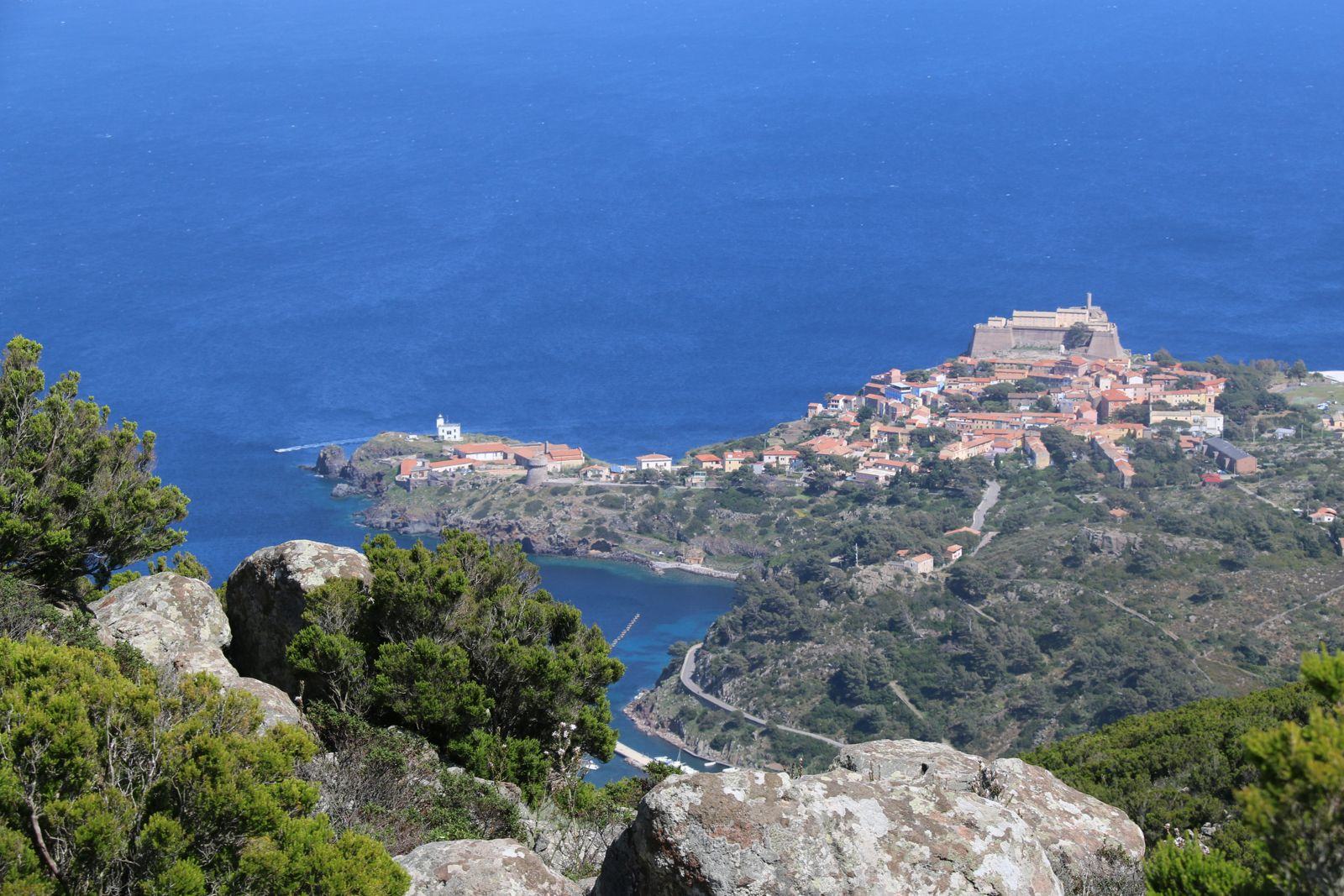 The village of Capraia seen from the trails