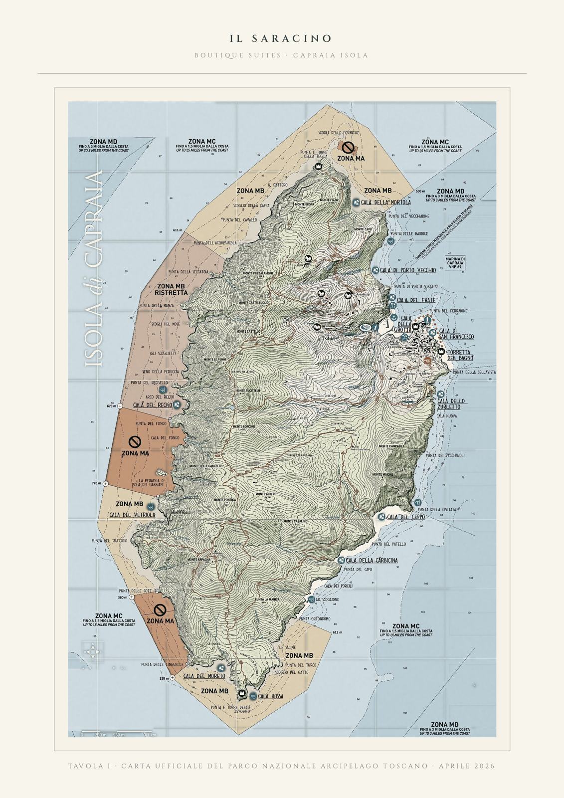 Map of Capraia with the Park sea zones and the coves